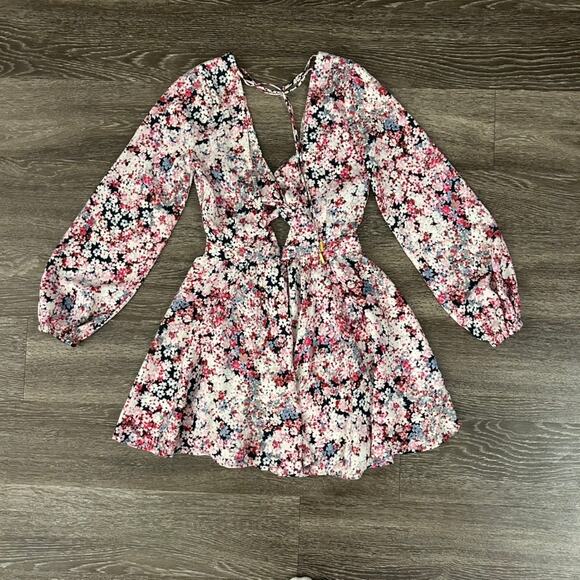 Michael Costello x REVOLVE Tabitha Dress XS Pink Floral Cutout Mini Long Sleeve - Picture 7 of 16